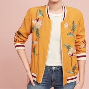 Anthropologie Elevenses Embroidered Solstice Bomber Size Medium Mustard Yellow